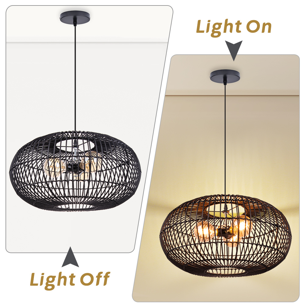 Intricate Round Black Rattan Lattice Light Modern Handwoven 3-bulb Chandelier