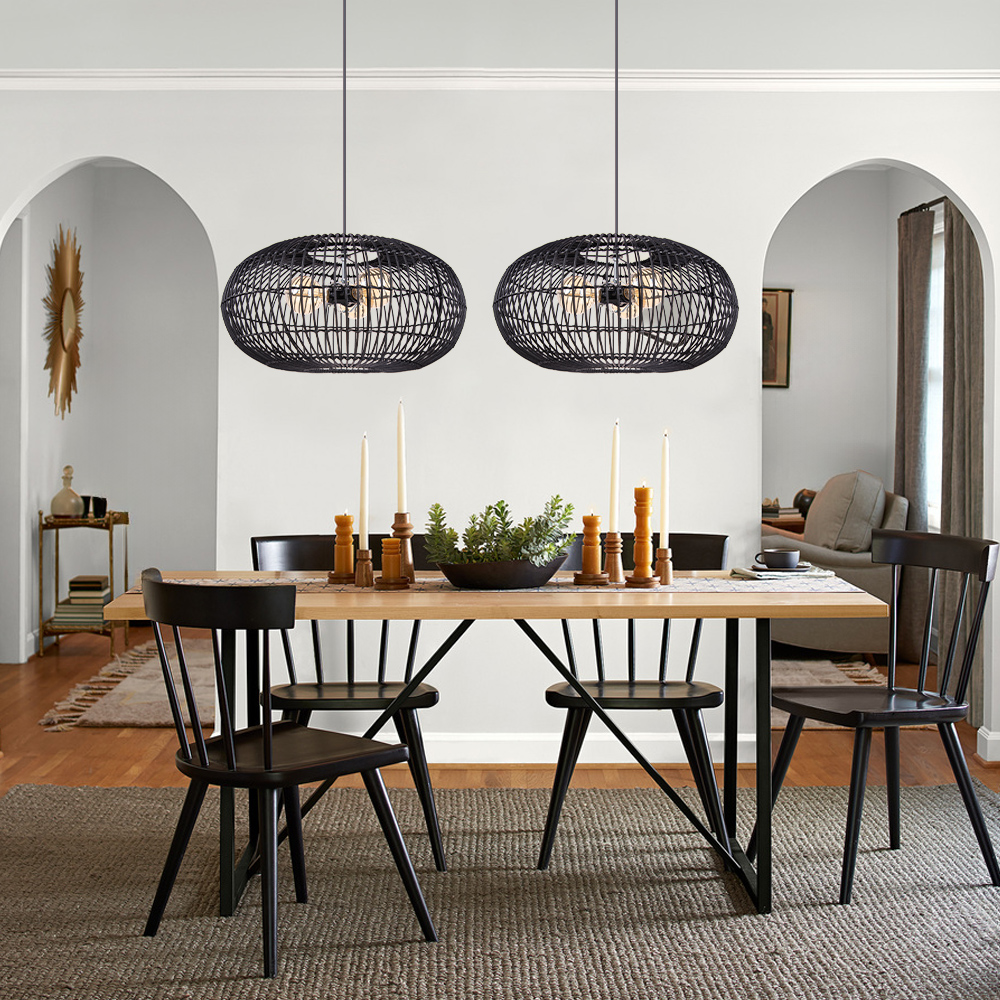 Intricate Round Black Rattan Lattice Light Modern Handwoven 3-bulb Chandelier