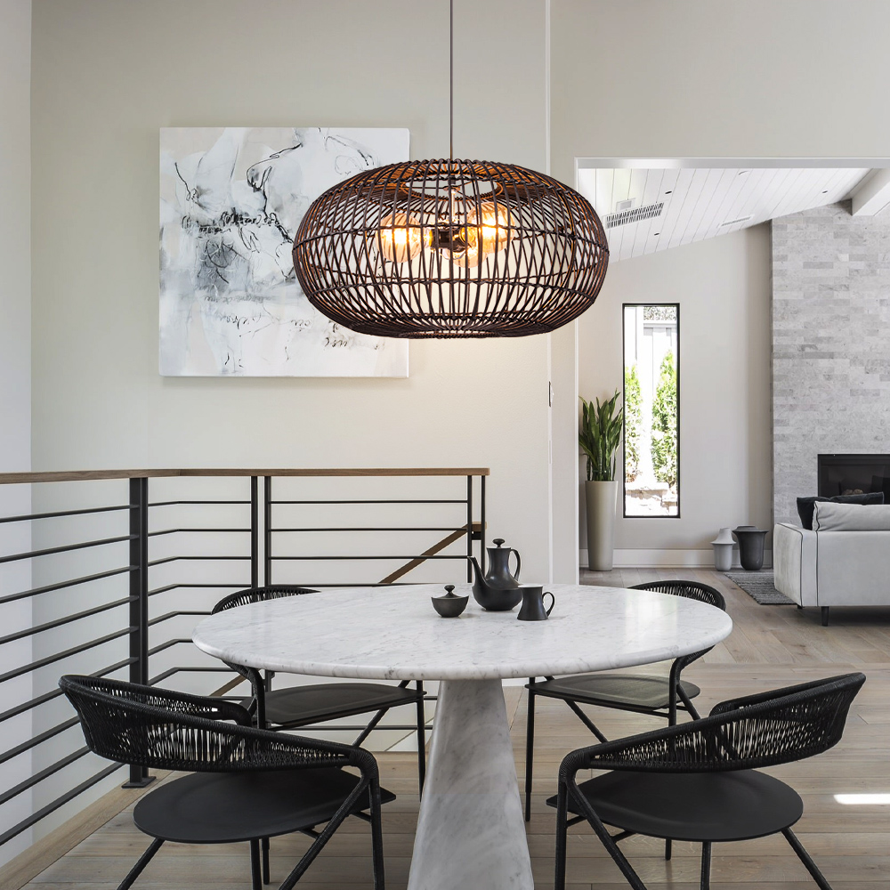 Intricate Round Black Rattan Lattice Light Modern Handwoven 3-bulb Chandelier