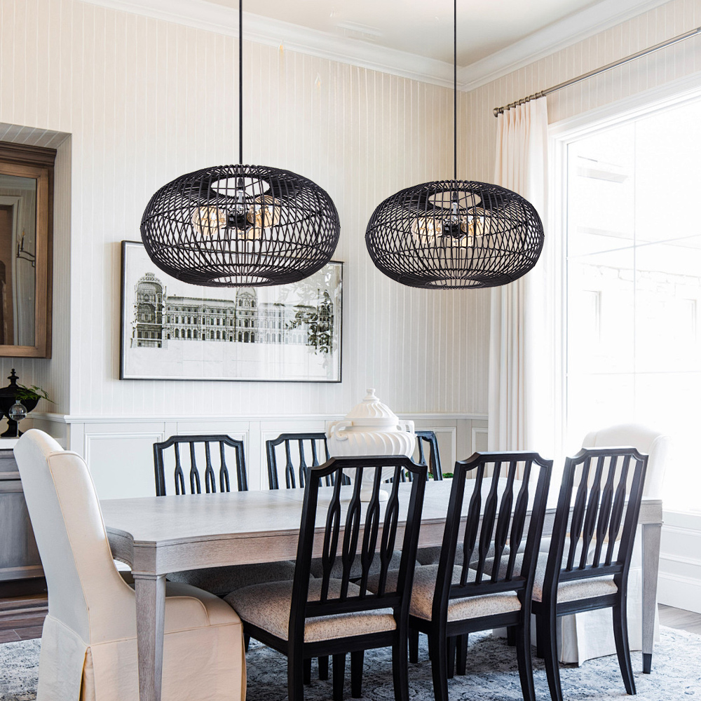 Intricate Round Black Rattan Lattice Light Modern Handwoven 3-bulb Chandelier