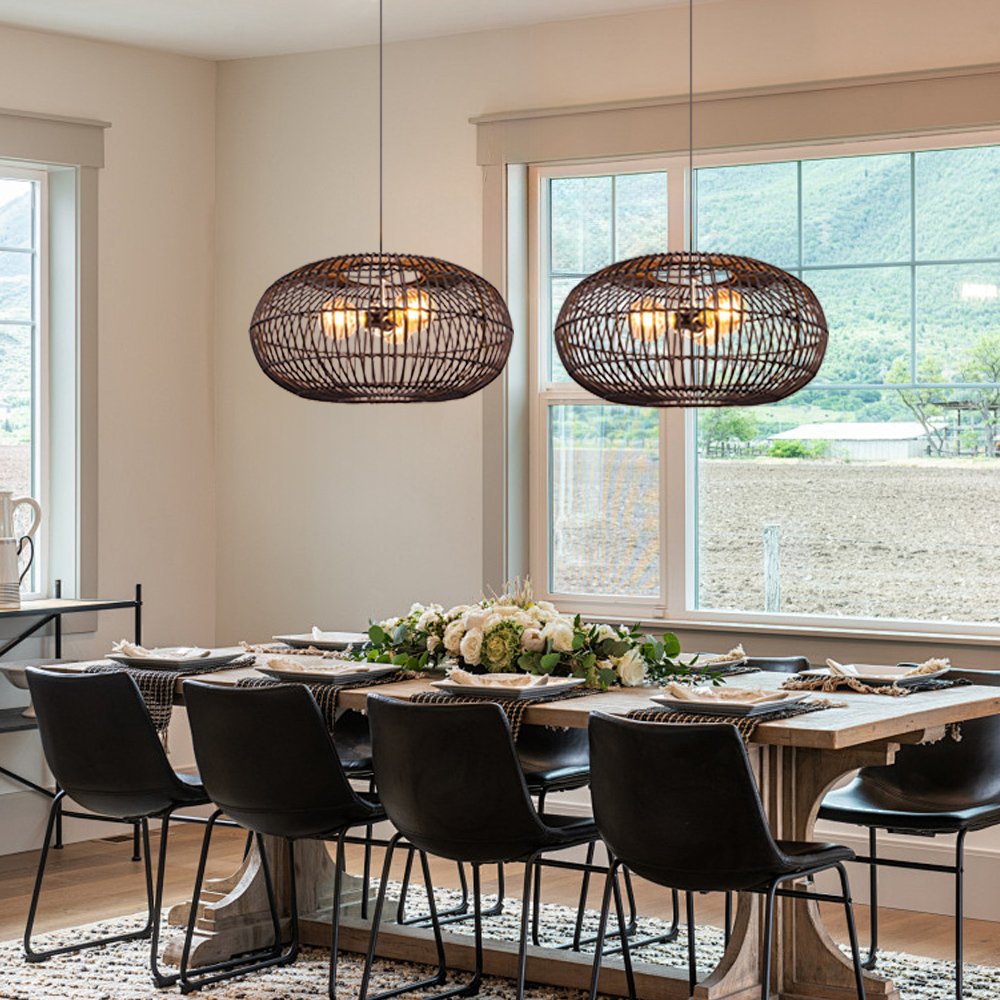 Intricate Round Black Rattan Lattice Light Modern Handwoven 3-bulb Chandelier