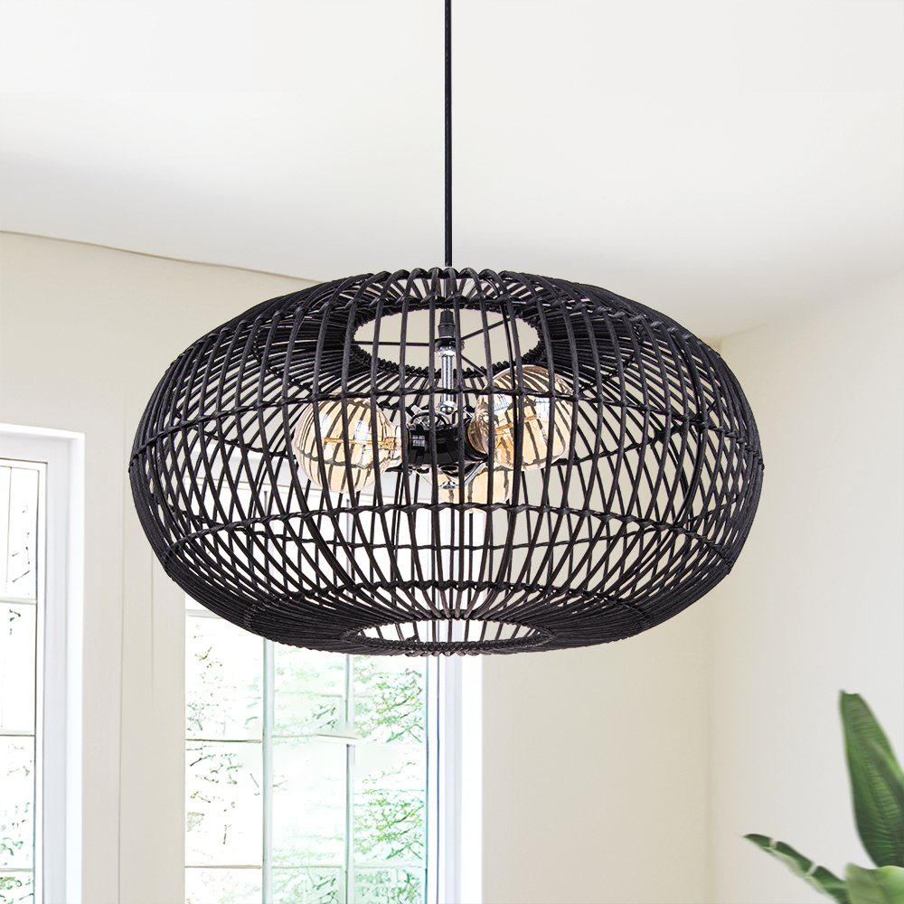 Intricate Round Black Rattan Lattice Light Modern Handwoven 3-bulb Chandelier