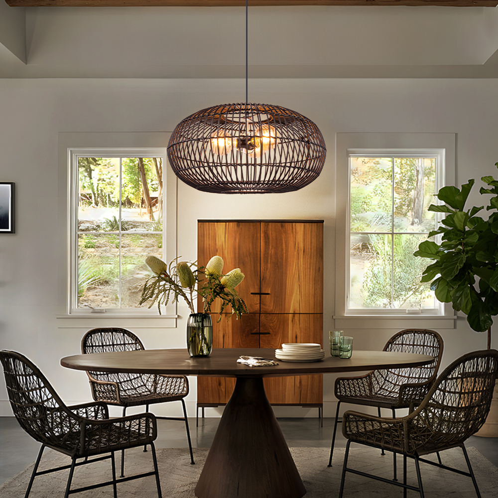 Intricate Round Black Rattan Lattice Light Modern Handwoven 3-bulb Chandelier