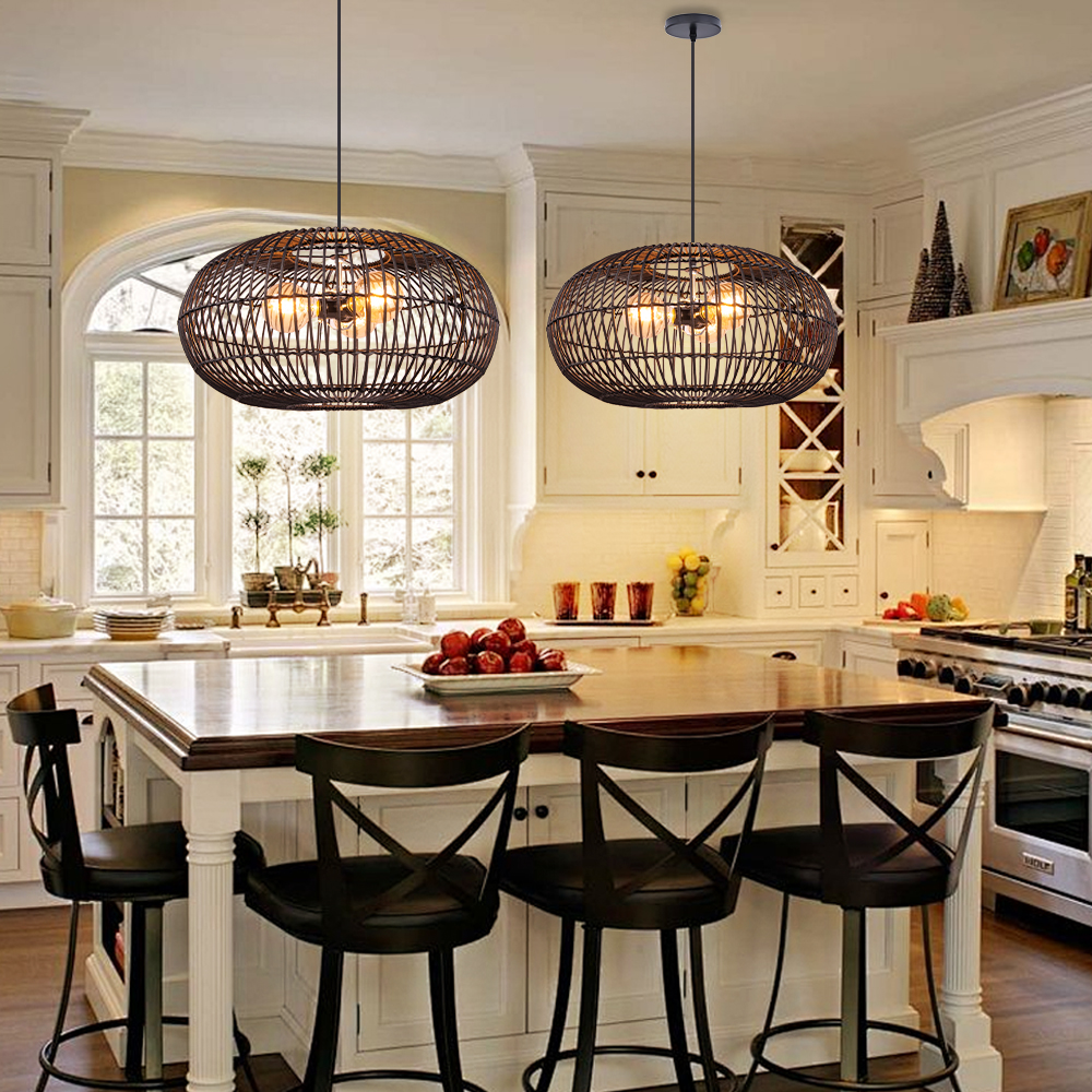 Intricate Round Black Rattan Lattice Light Modern Handwoven 3-bulb Chandelier