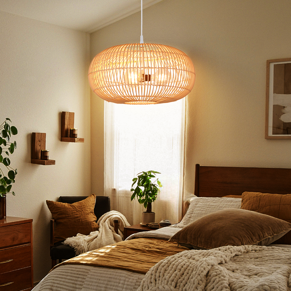 Intricate Round Black Rattan Lattice Light Modern Handwoven 3-bulb Chandelier