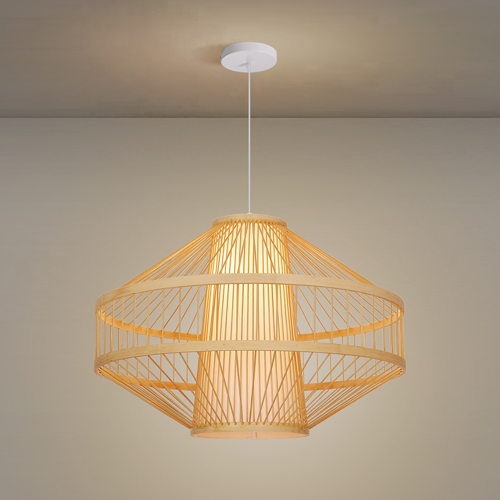 Bamboo Wireframe Cone Pendant Light Modern Woven Hanging Lamp with Open Design