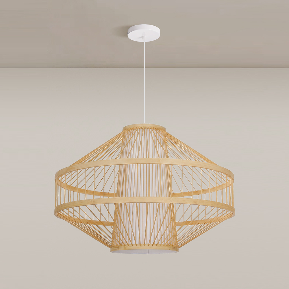 Bamboo Wireframe Cone Pendant Light Modern Woven Hanging Lamp with Open Design