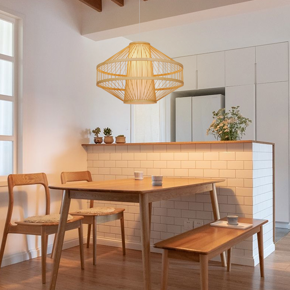 Bamboo Wireframe Cone Pendant Light Modern Woven Hanging Lamp with Open Design