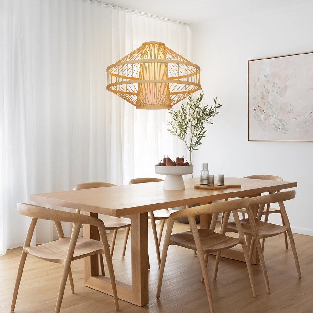 Bamboo Wireframe Cone Pendant Light Modern Woven Hanging Lamp with Open Design