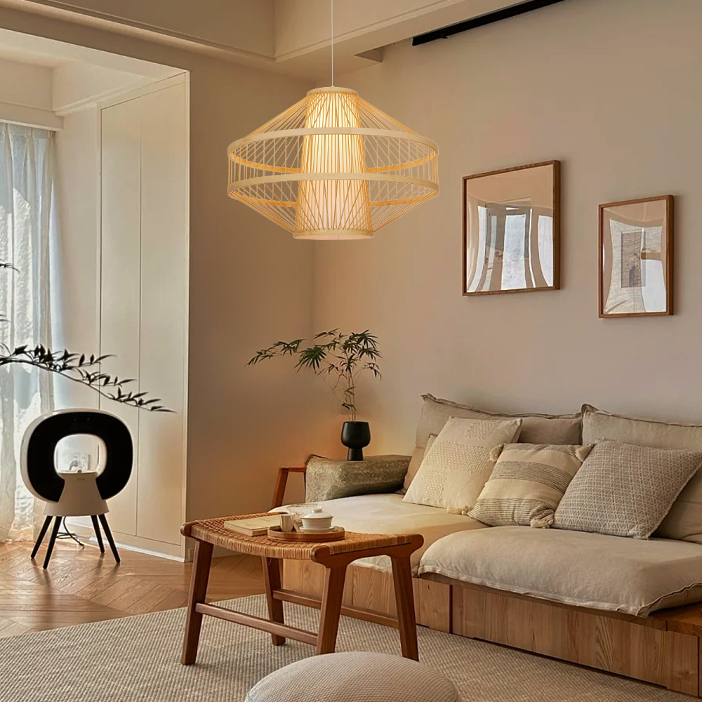 Bamboo Wireframe Cone Pendant Light Modern Woven Hanging Lamp with Open Design