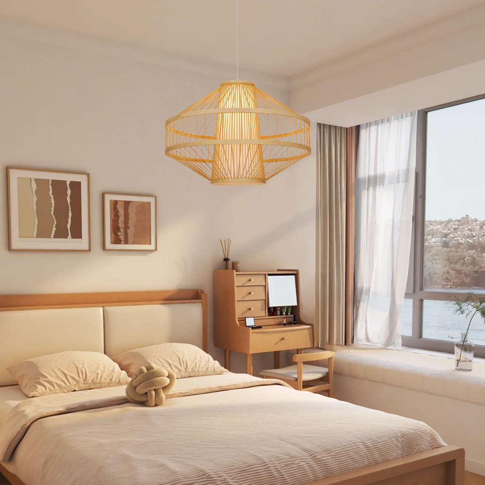 Bamboo Wireframe Cone Pendant Light Modern Woven Hanging Lamp with Open Design