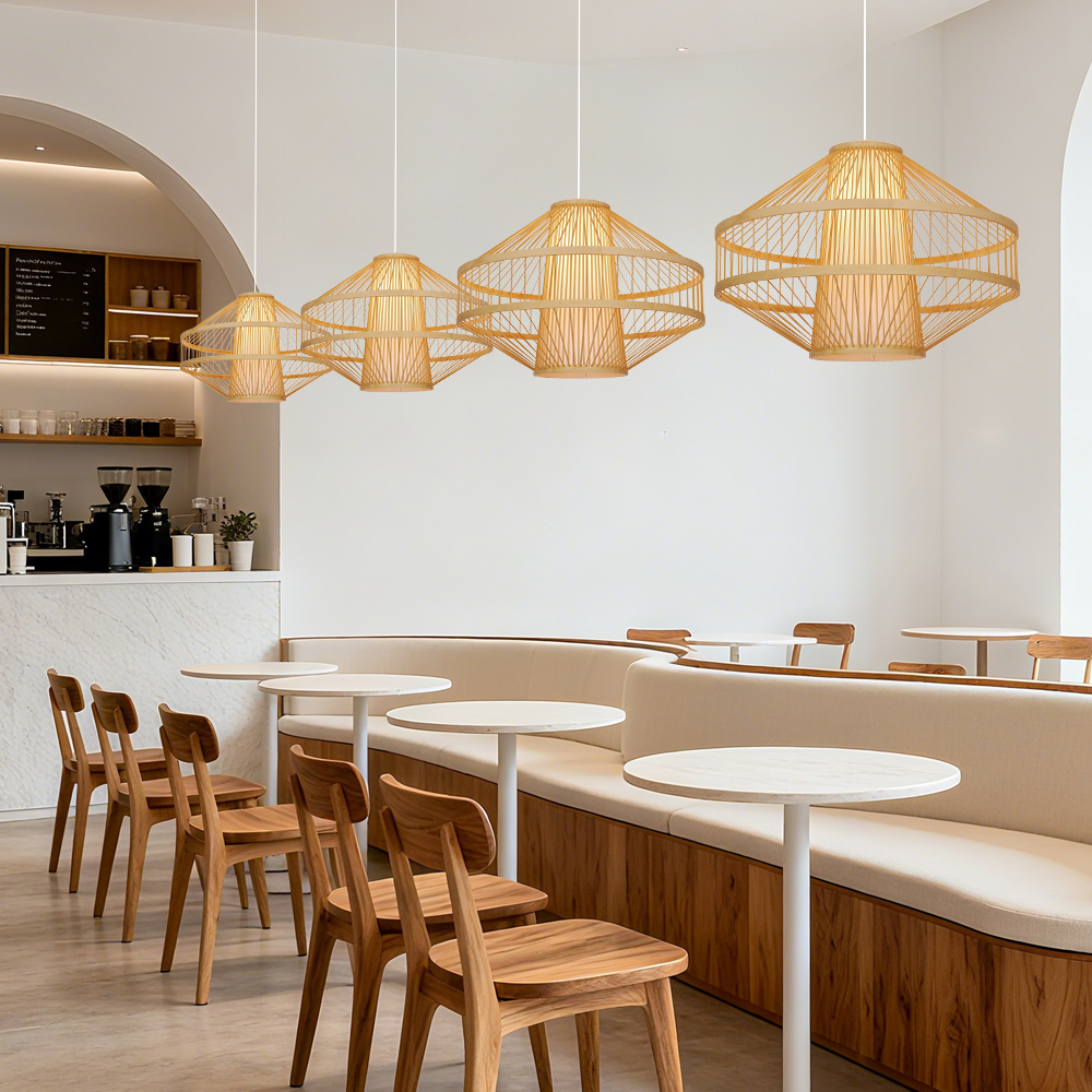 Bamboo Wireframe Cone Pendant Light Modern Woven Hanging Lamp with Open Design