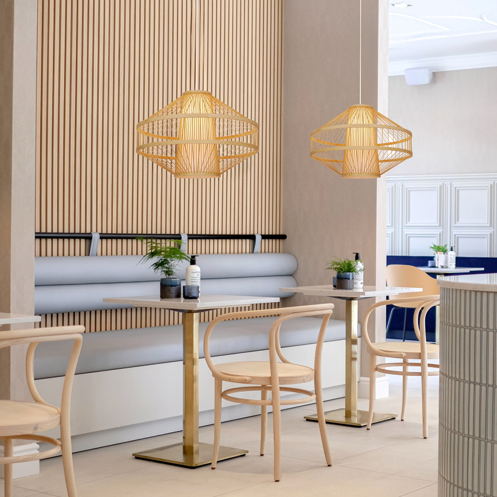 Bamboo Wireframe Cone Pendant Light Modern Woven Hanging Lamp with Open Design