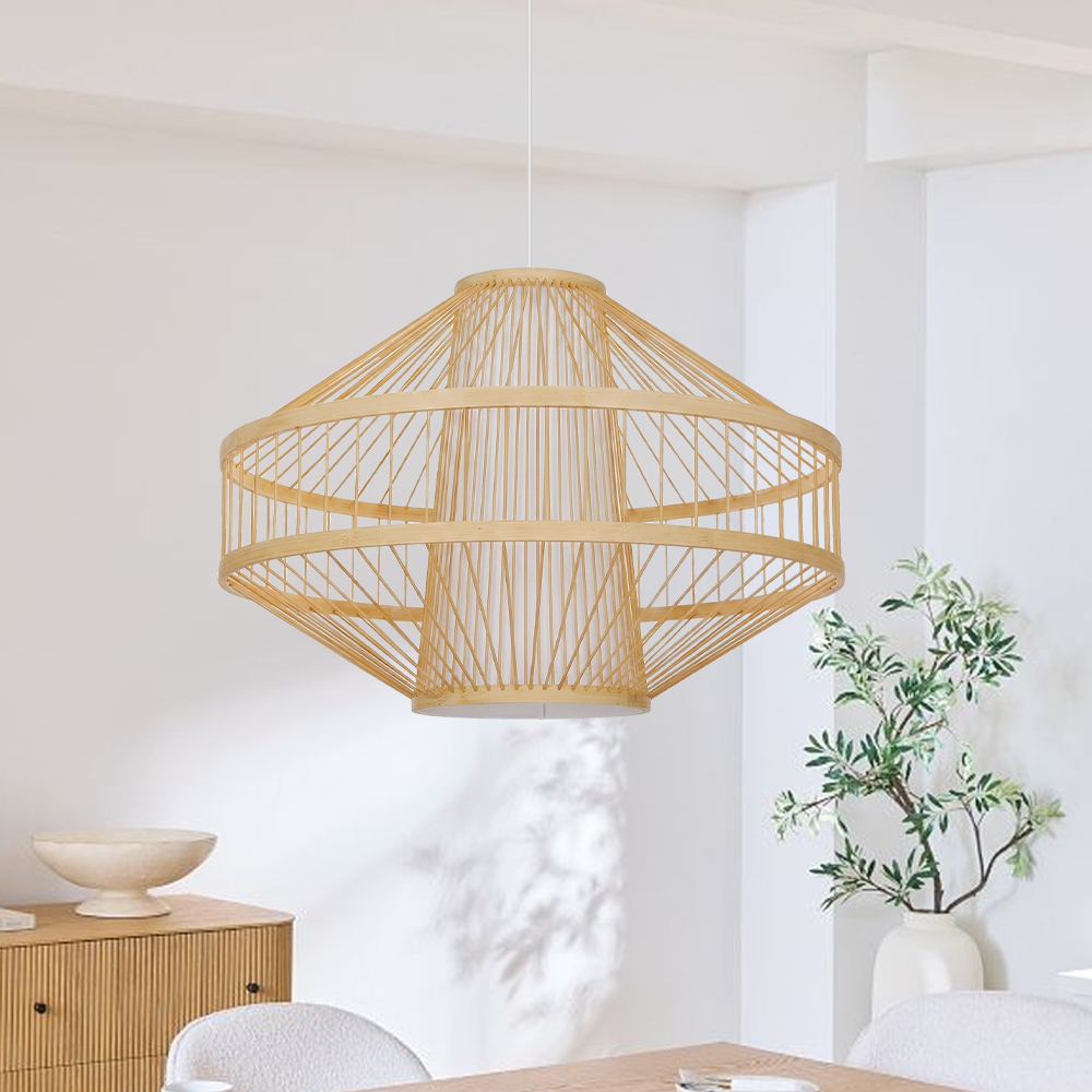 Bamboo Wireframe Cone Pendant Light Modern Woven Hanging Lamp with Open Design