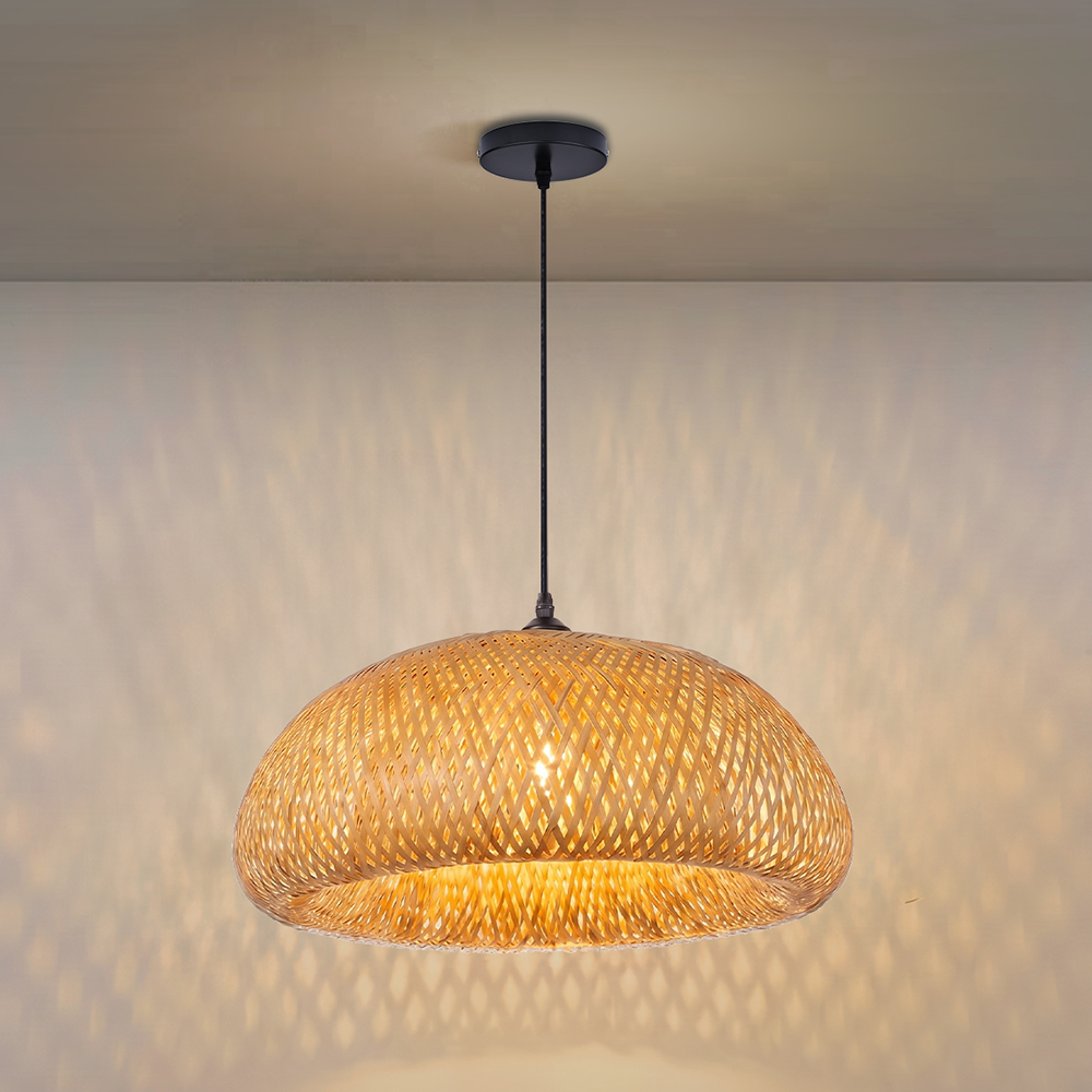 Handwoven Bamboo Dome Pendant Light Round Wicker Ceiling Lamp with Warm Glow