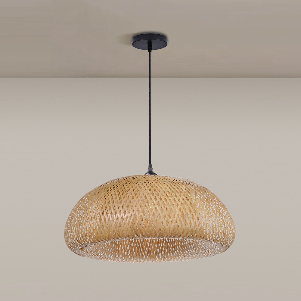 Handwoven Bamboo Dome Pendant Light Round Wicker Ceiling Lamp with Warm Glow