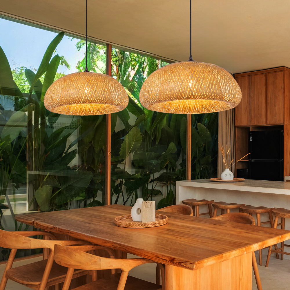 Handwoven Bamboo Dome Pendant Light Round Wicker Ceiling Lamp with Warm Glow
