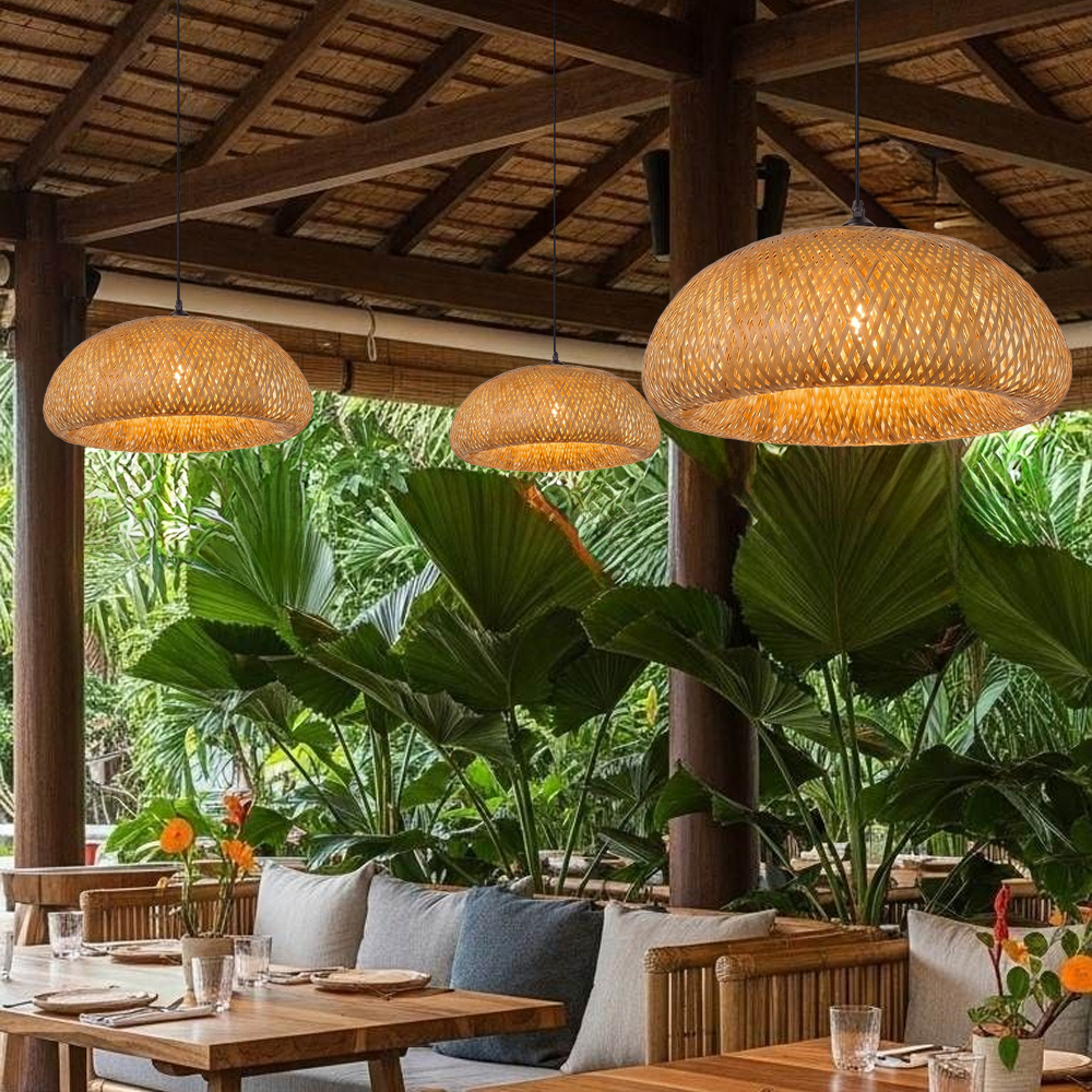 Handwoven Bamboo Dome Pendant Light Round Wicker Ceiling Lamp with Warm Glow