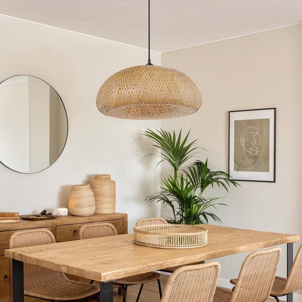 Handwoven Bamboo Dome Pendant Light Round Wicker Ceiling Lamp with Warm Glow