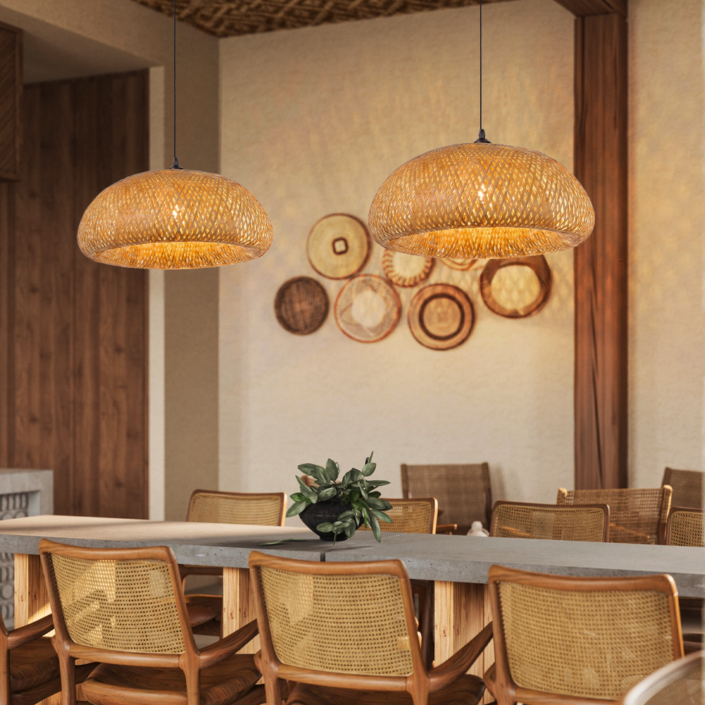 Handwoven Bamboo Dome Pendant Light Round Wicker Ceiling Lamp with Warm Glow