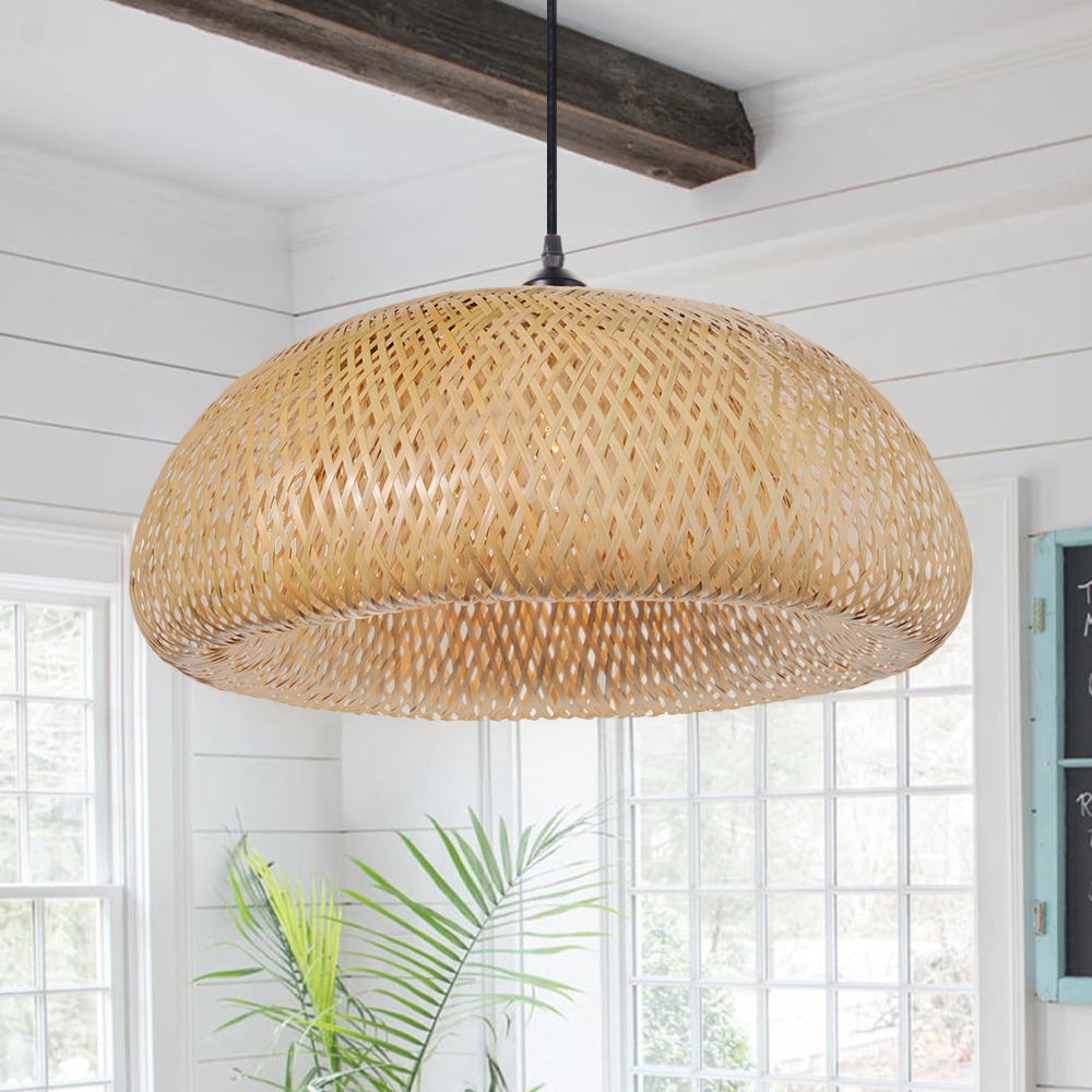 Handwoven Bamboo Dome Pendant Light Round Wicker Ceiling Lamp with Warm Glow