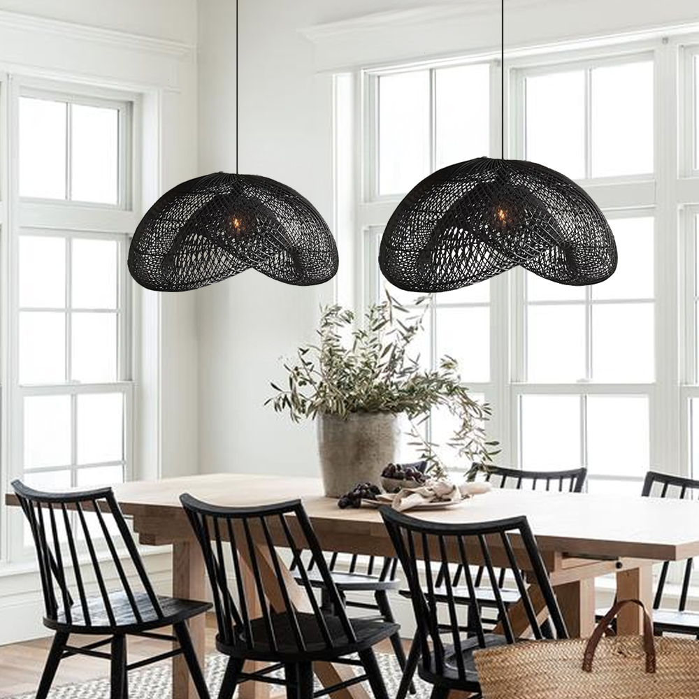 Dining Table Wicker Hanging Lamp Black Rattan Chandelier