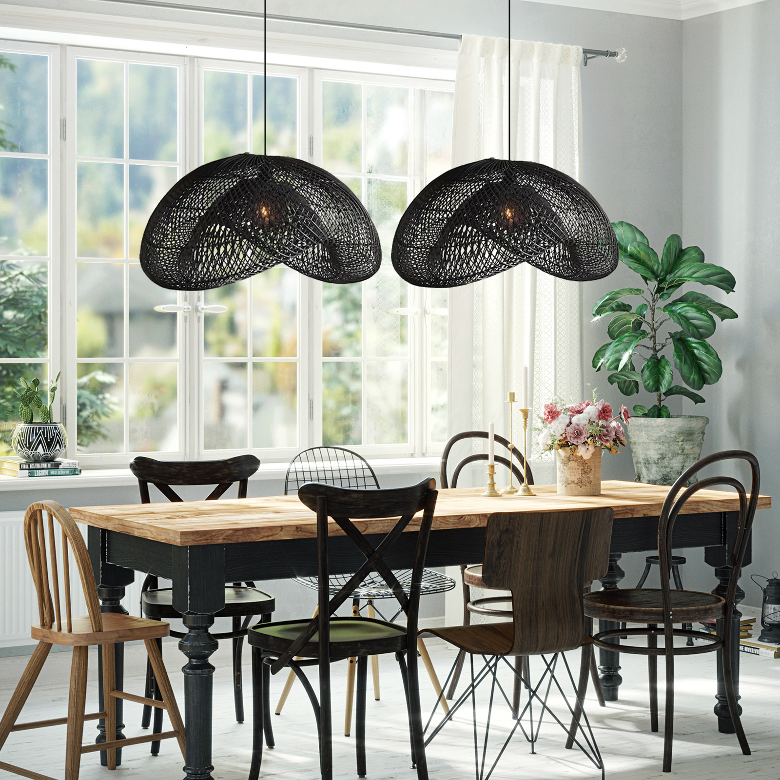 Dining Table Wicker Hanging Lamp Black Rattan Chandelier