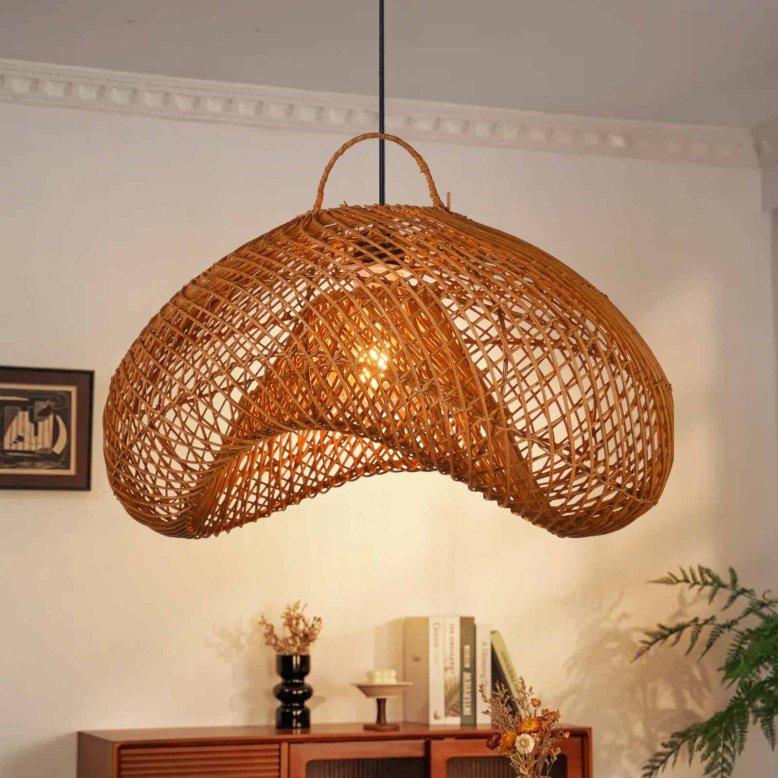 Dining Table Wicker Hanging Lamp Black Rattan Chandelier