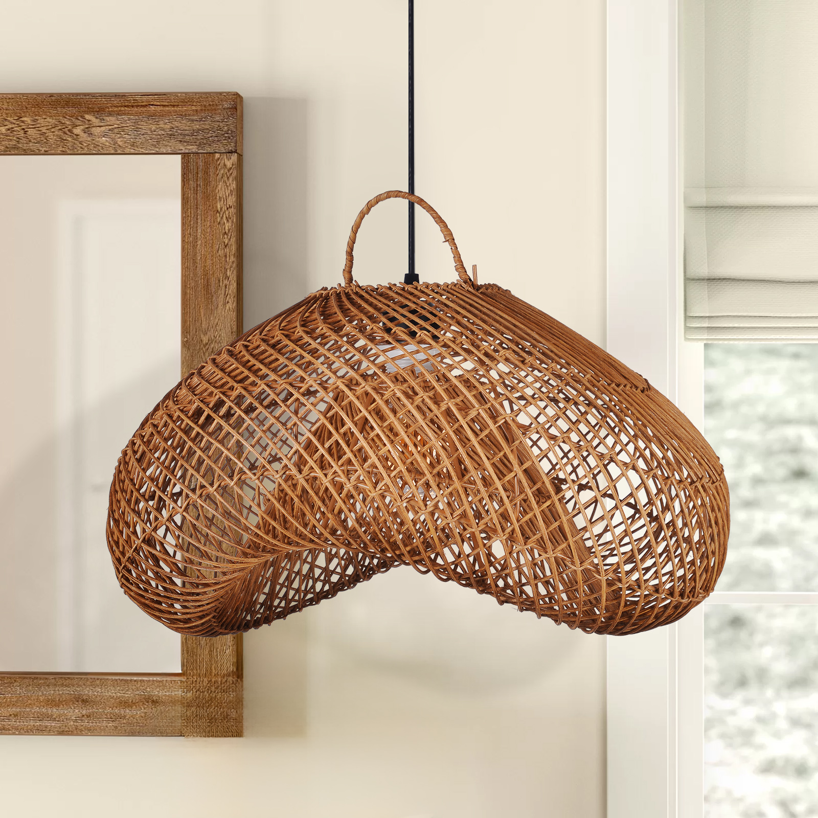 Dining Table Wicker Hanging Lamp Black Rattan Chandelier
