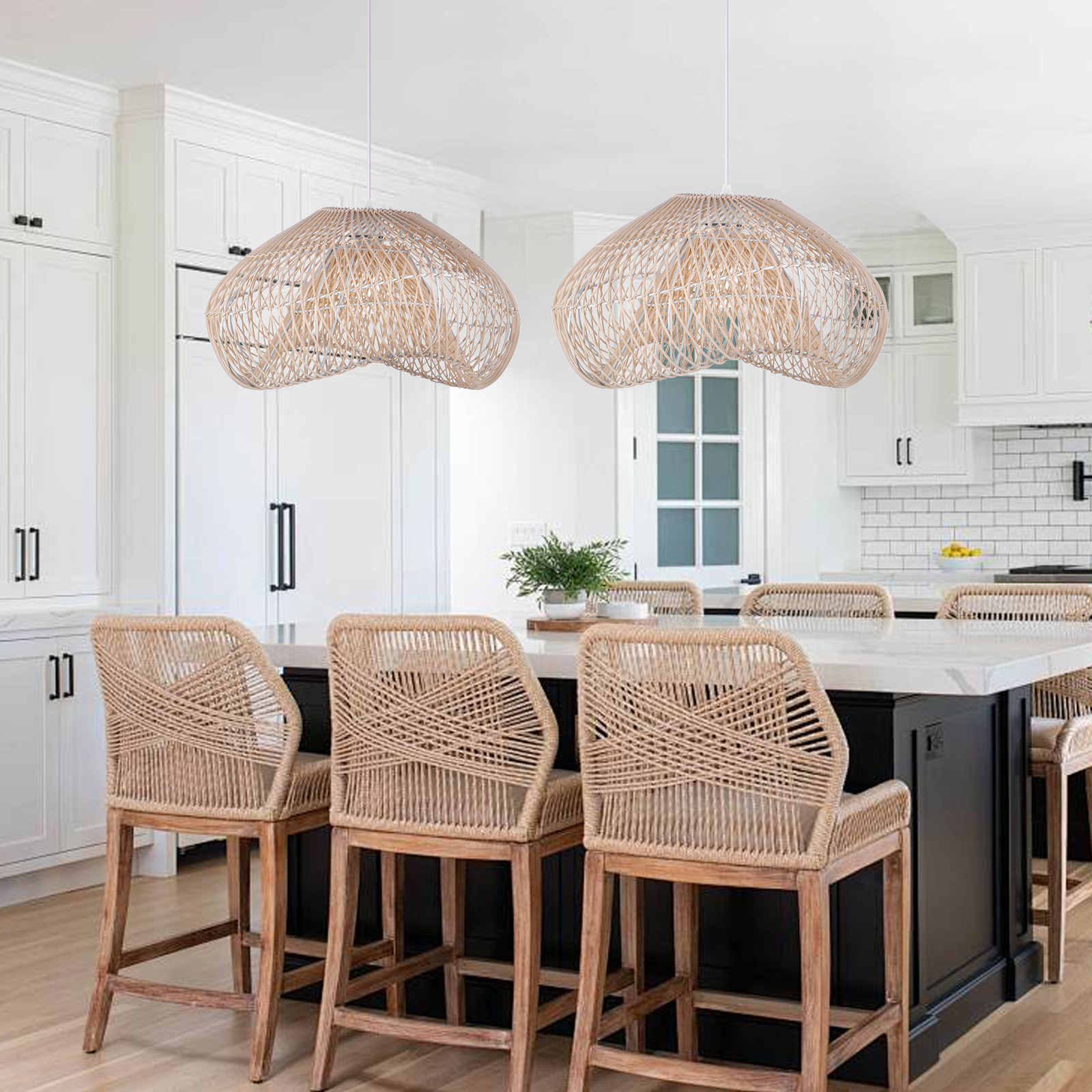 Dining Table Wicker Hanging Lamp Black Rattan Chandelier