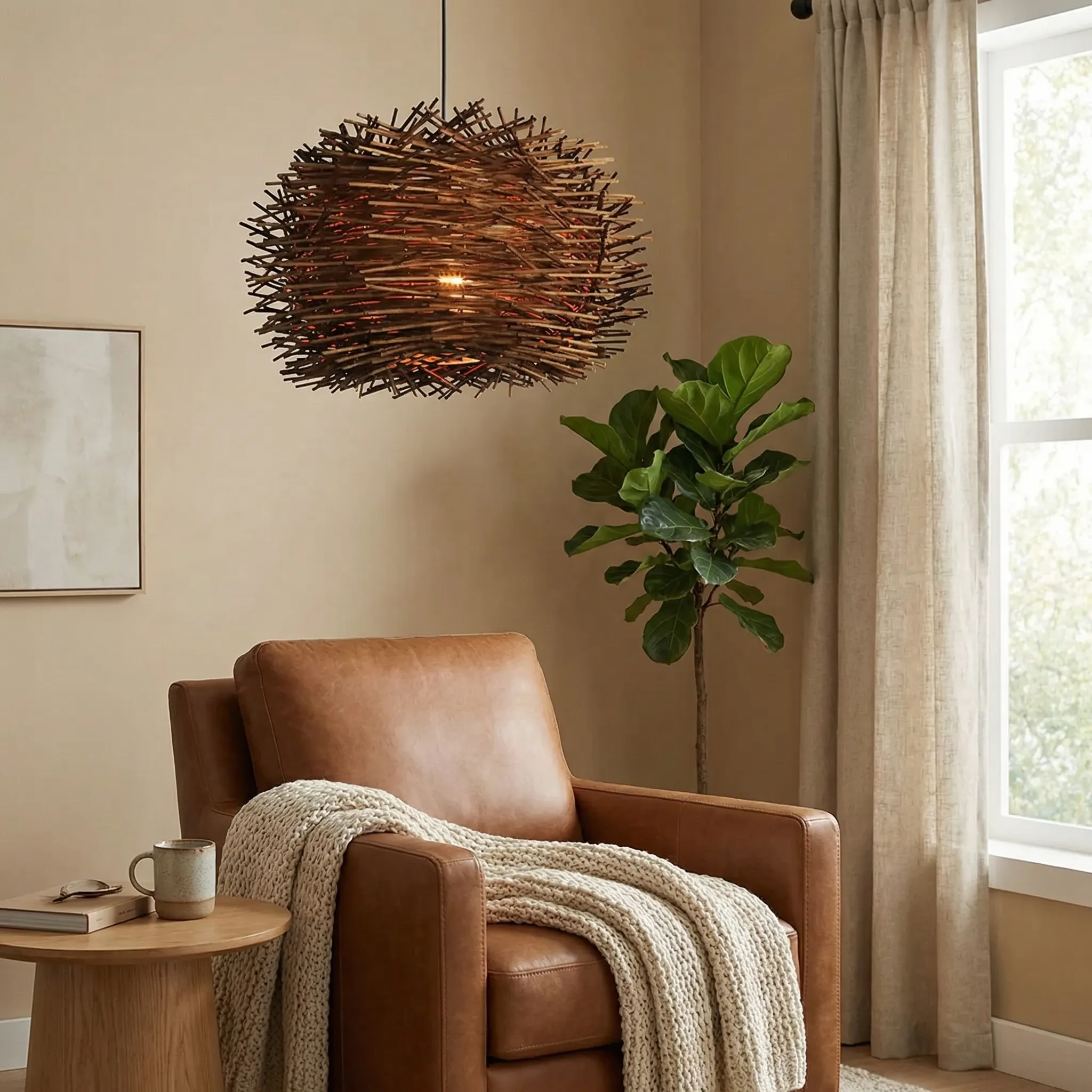 Rattan Bird's Nest Pendant Light Hand-Woven Twig Chandelier for Nature-Inspired Living