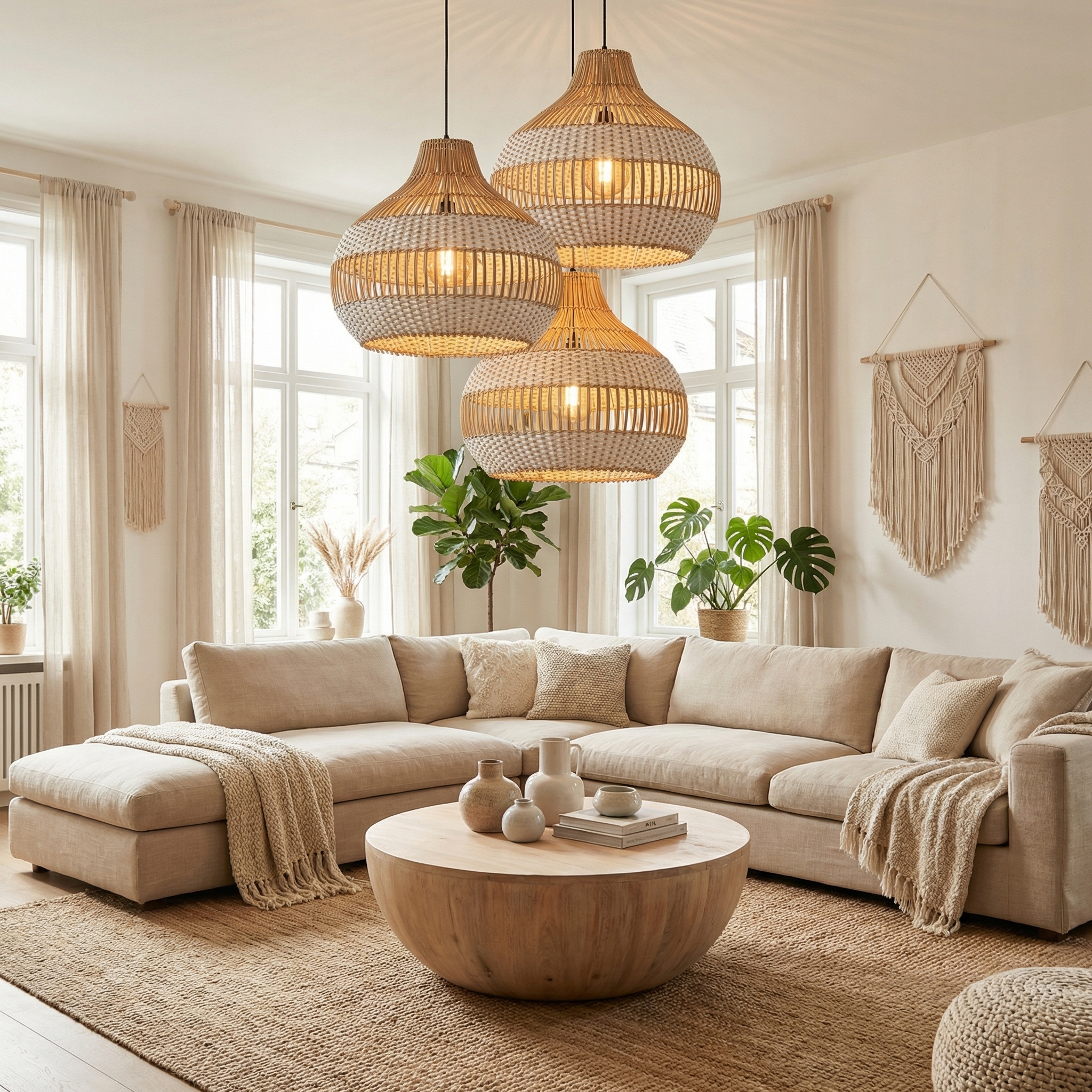 Modern Wicker Pendant Light  Woven Boho Earthy Hanging Ceiling Fixture