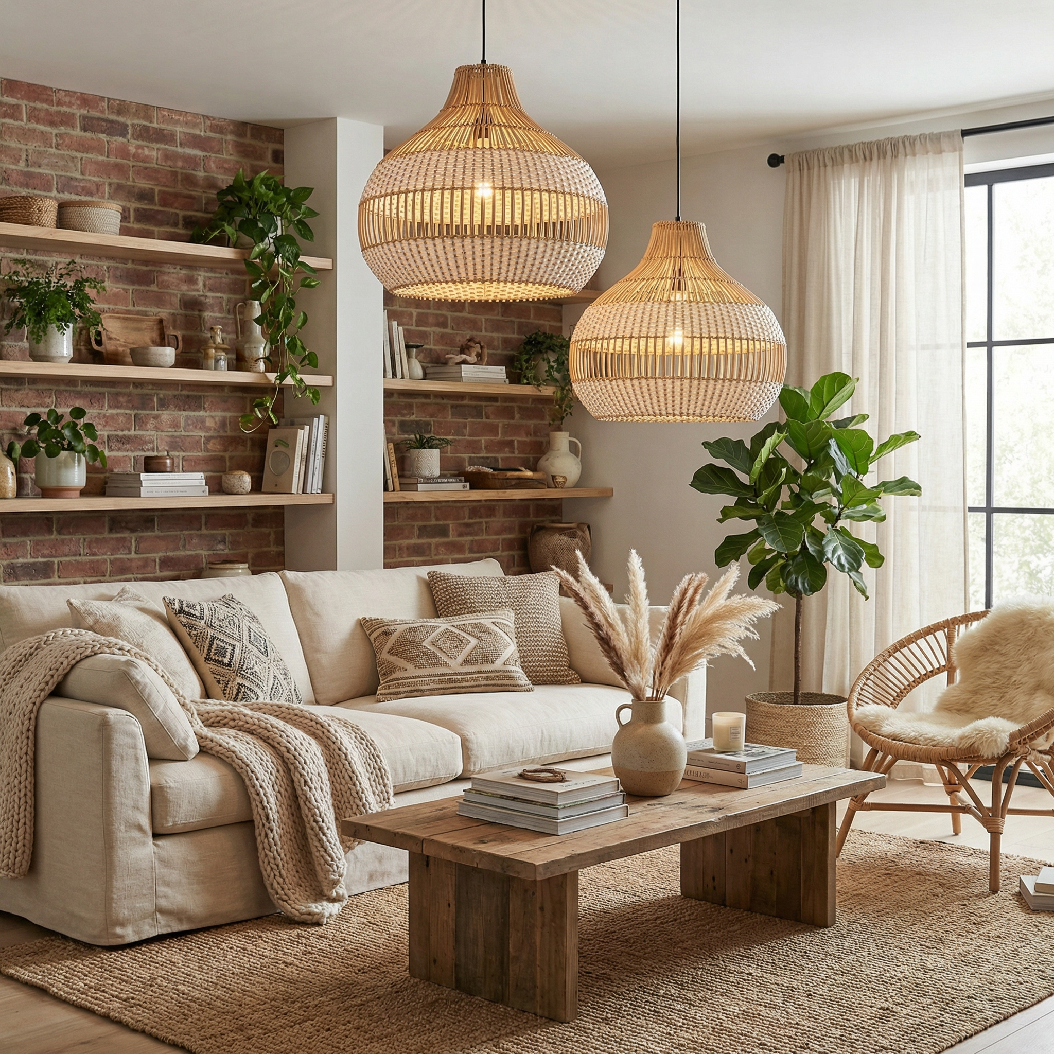 Modern Wicker Pendant Light  Woven Boho Earthy Hanging Ceiling Fixture