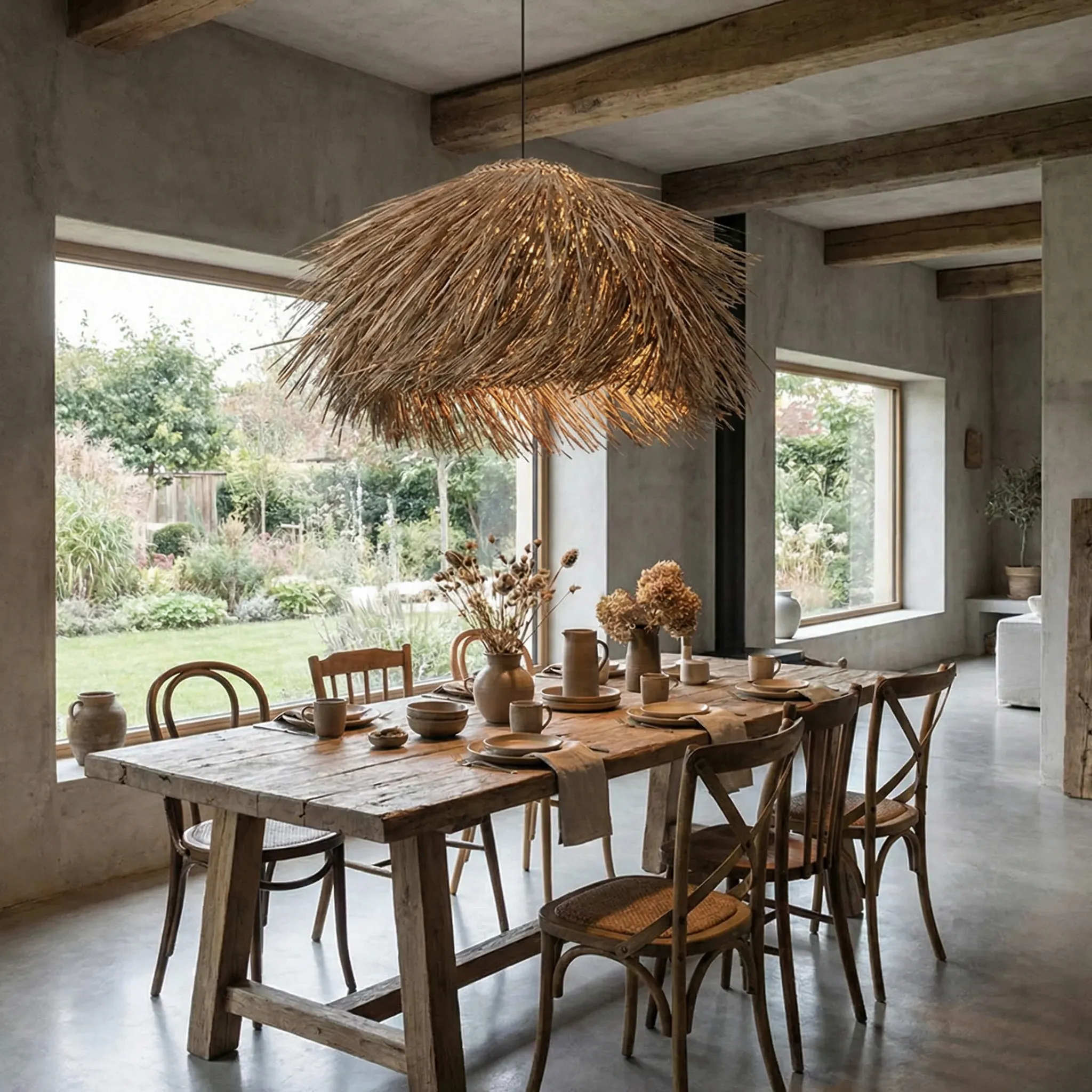 Mediterranean Style Grass Hanging Lamp Oversized Coastal Straw Chandelier