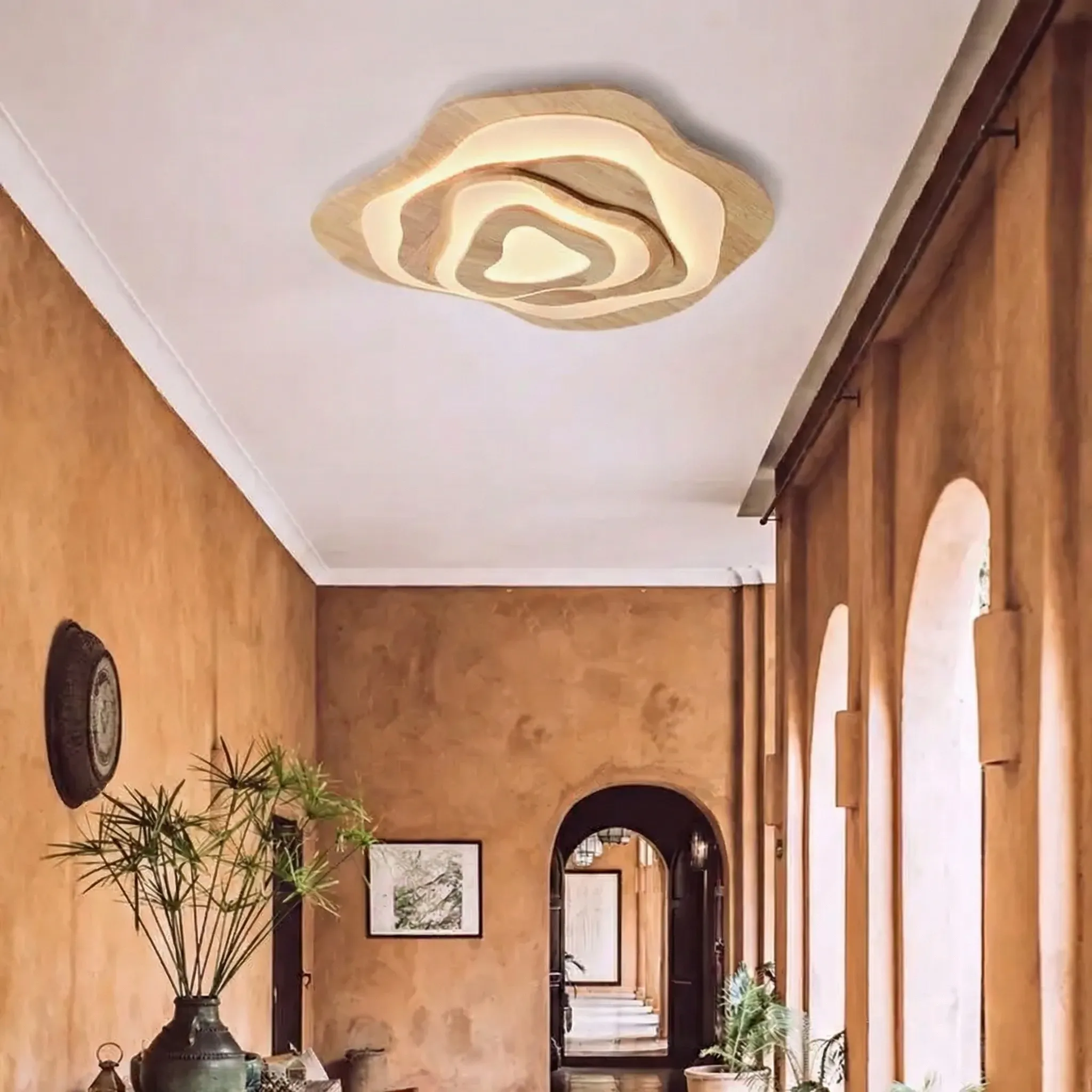 Modern Cloud Shape Ceiling Lamp | Mid-Century Modern Walnut Finish Flush Mount