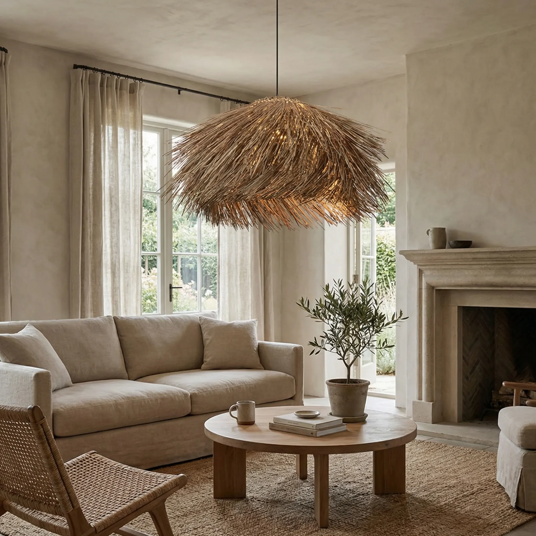 Mediterranean Style Grass Hanging Lamp Oversized Coastal Straw Chandelier