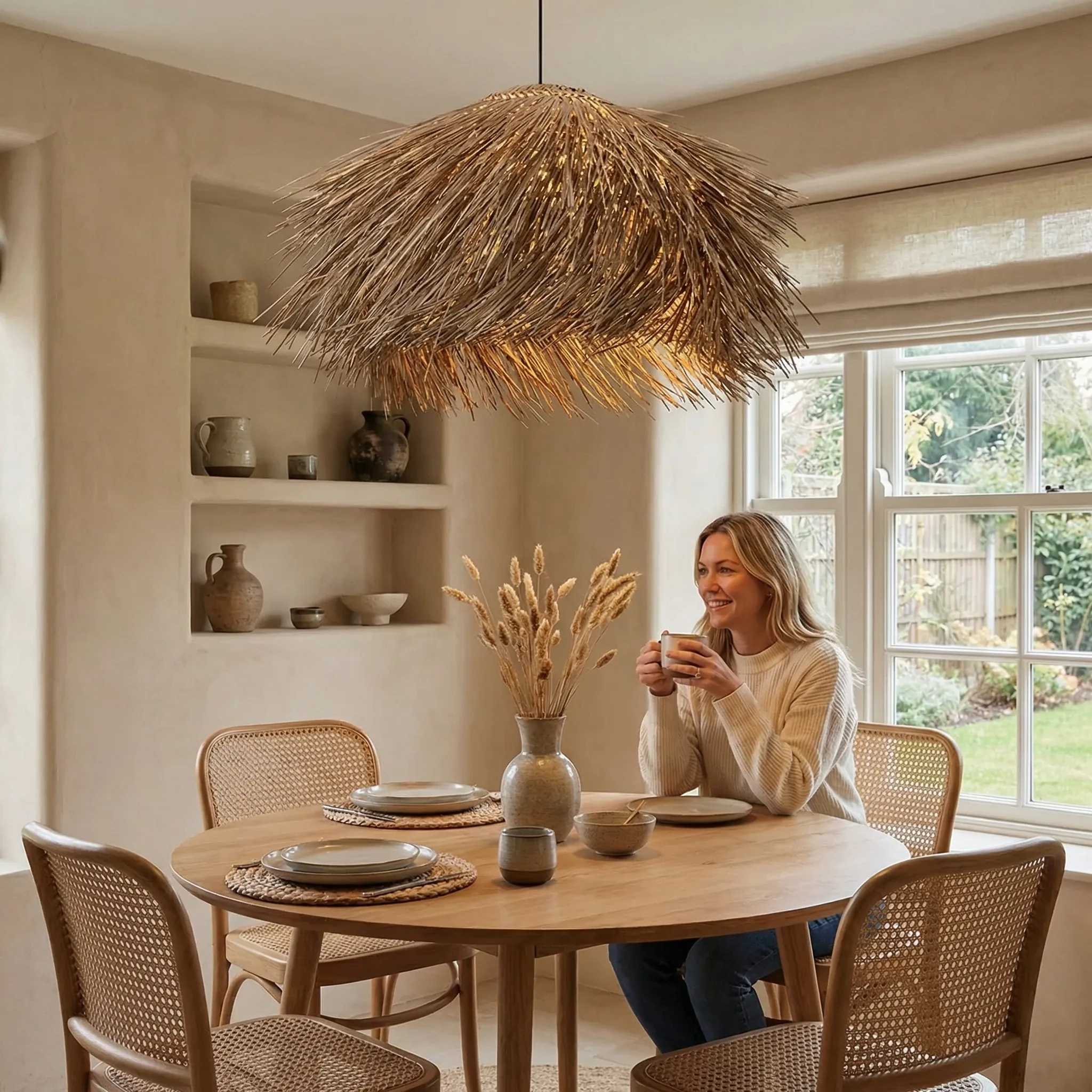 Mediterranean Style Grass Hanging Lamp Oversized Coastal Straw Chandelier