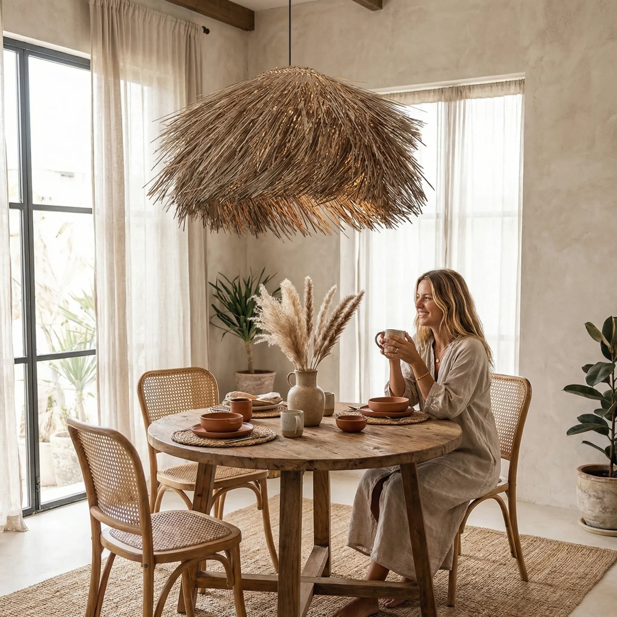 Mediterranean Style Grass Hanging Lamp Oversized Coastal Straw Chandelier