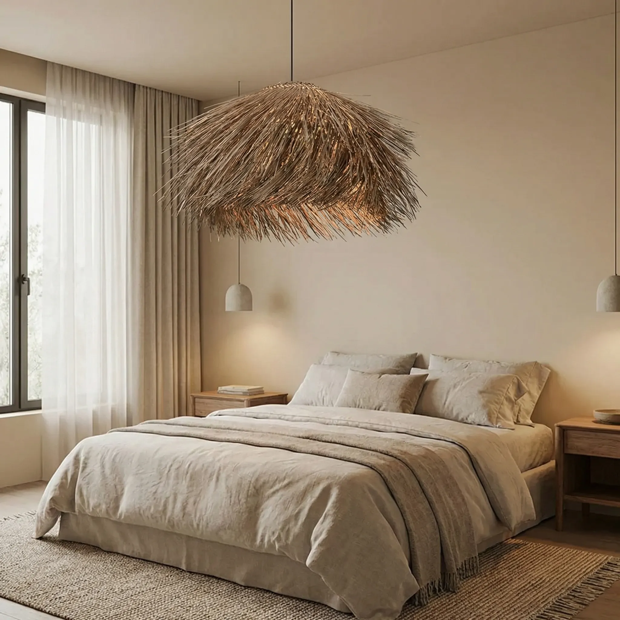 Mediterranean Style Grass Hanging Lamp Oversized Coastal Straw Chandelier