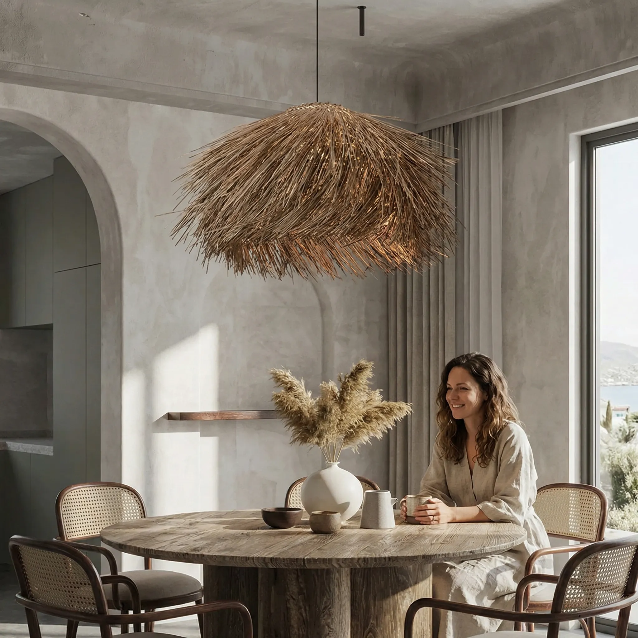 Mediterranean Style Grass Hanging Lamp Oversized Coastal Straw Chandelier