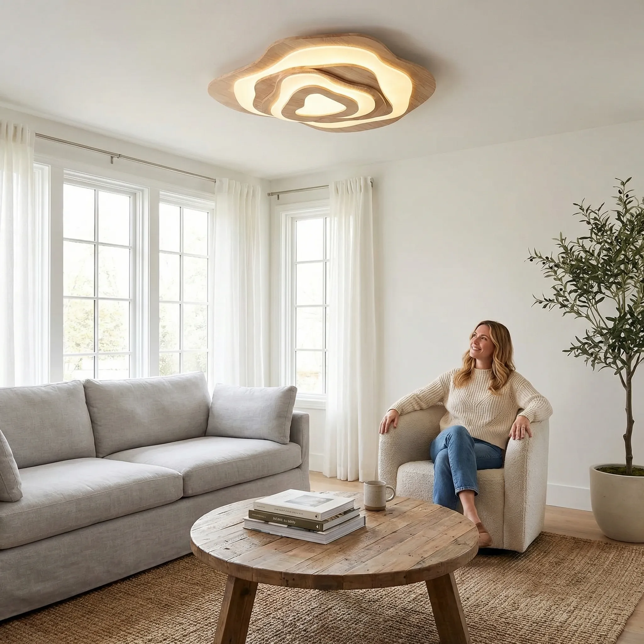 Modern Cloud Shape Ceiling Lamp | Mid-Century Modern Walnut Finish Flush Mount