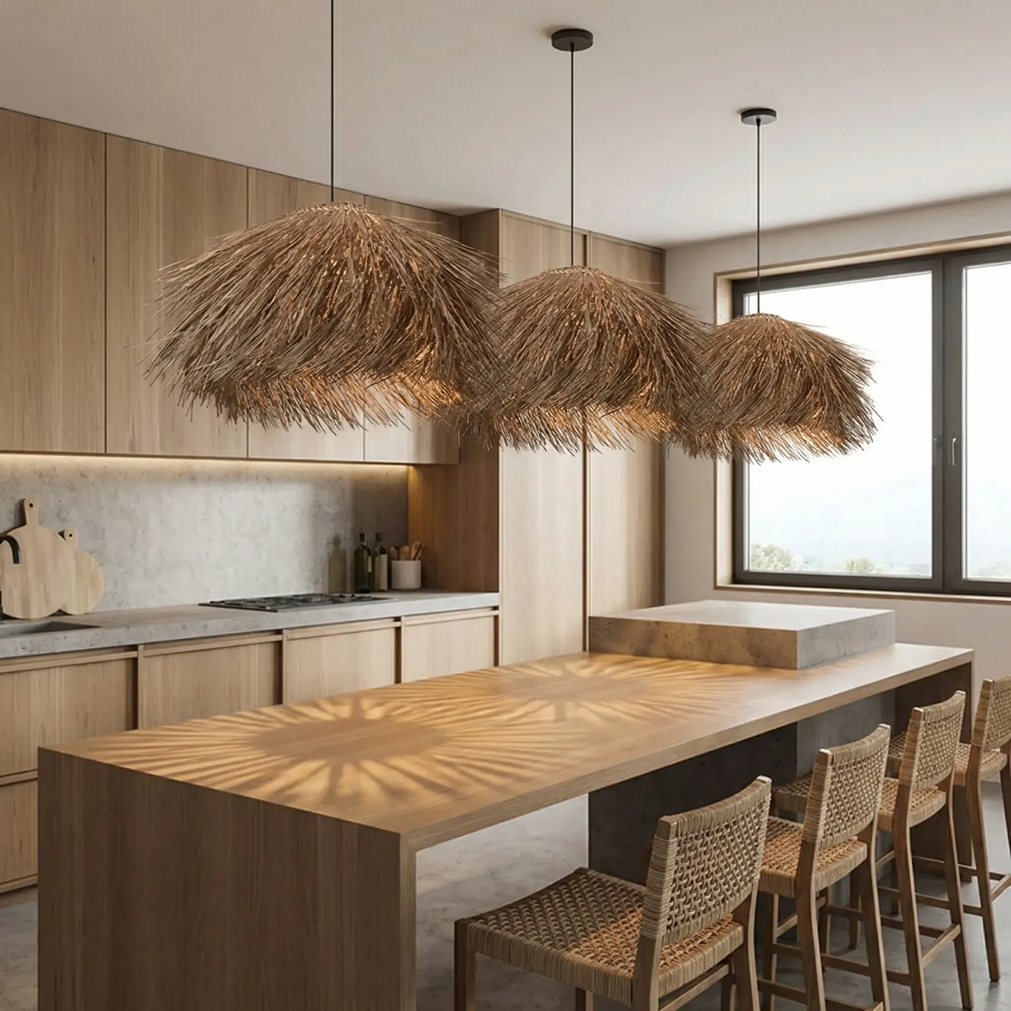 Mediterranean Style Grass Hanging Lamp Oversized Coastal Straw Chandelier