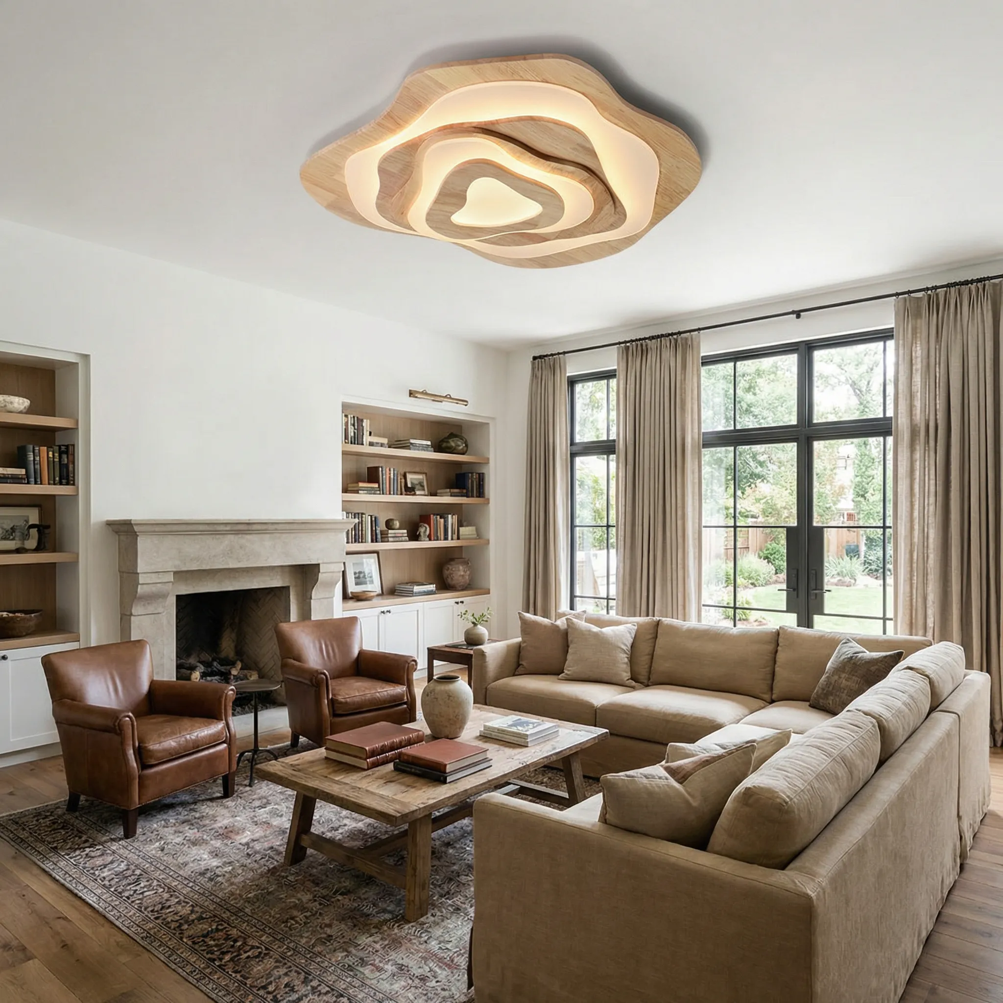 Modern Cloud Shape Ceiling Lamp | Mid-Century Modern Walnut Finish Flush Mount