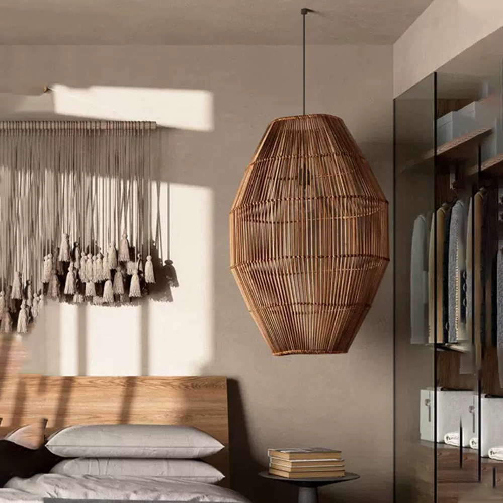 Wabi Sabi Style Bedroom Chandelier Japanese Transitional Zen Rattan Art Lamp Shade