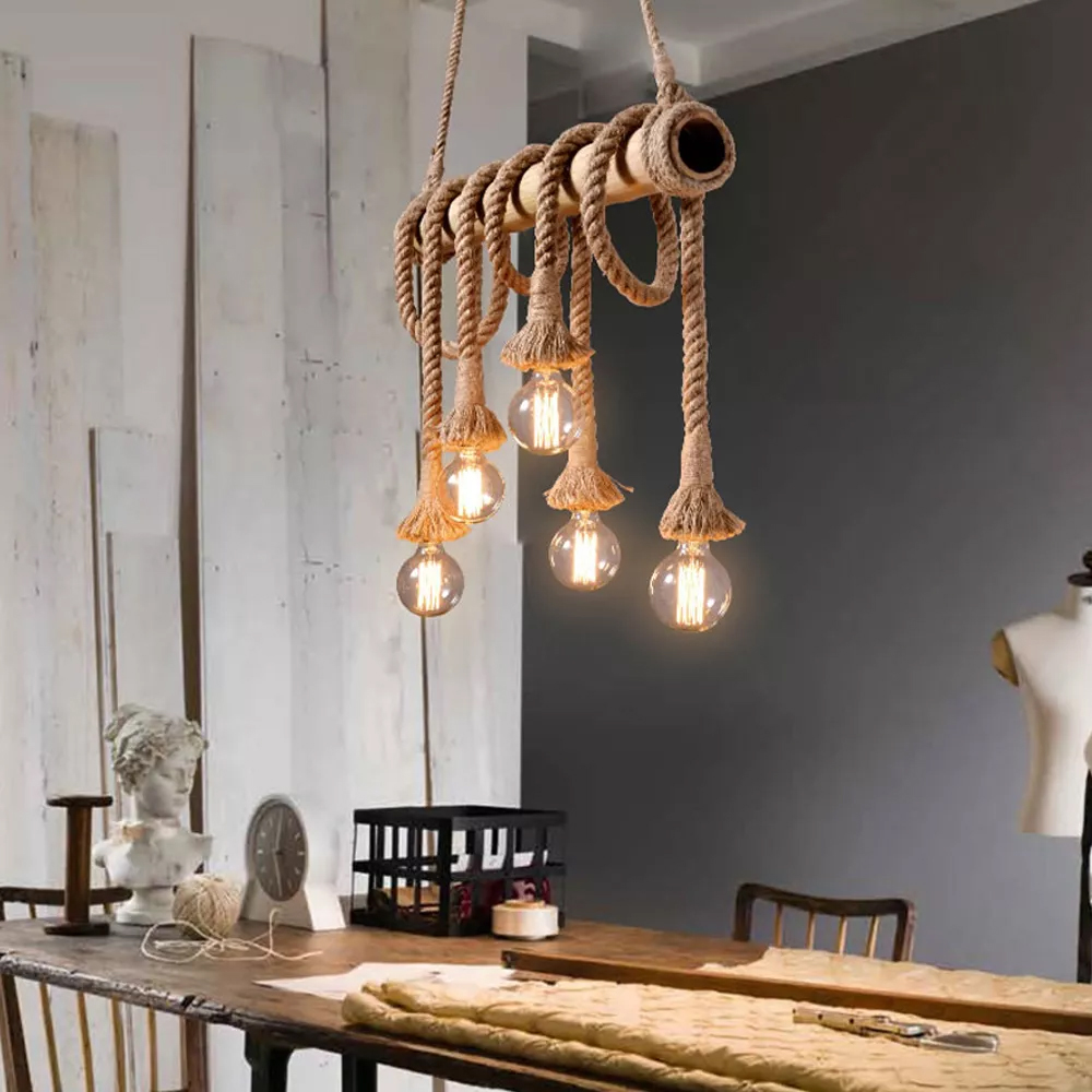Edison Retro Chandelier Vintage Bamboo Hemp Rope Pendant Lamp