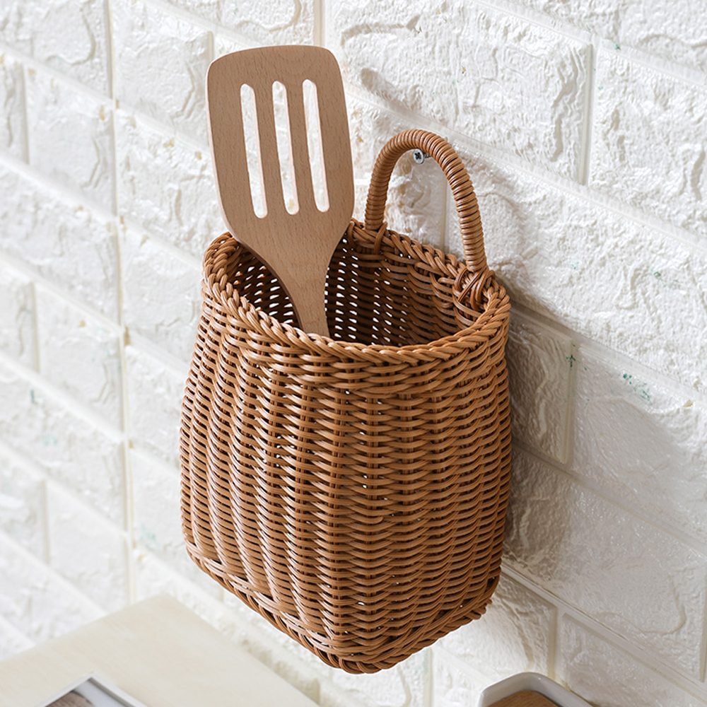 Nordic woven basket kitchen storage basket retro wall hanging basket portable small flower basket kitchen utensils hanging basket