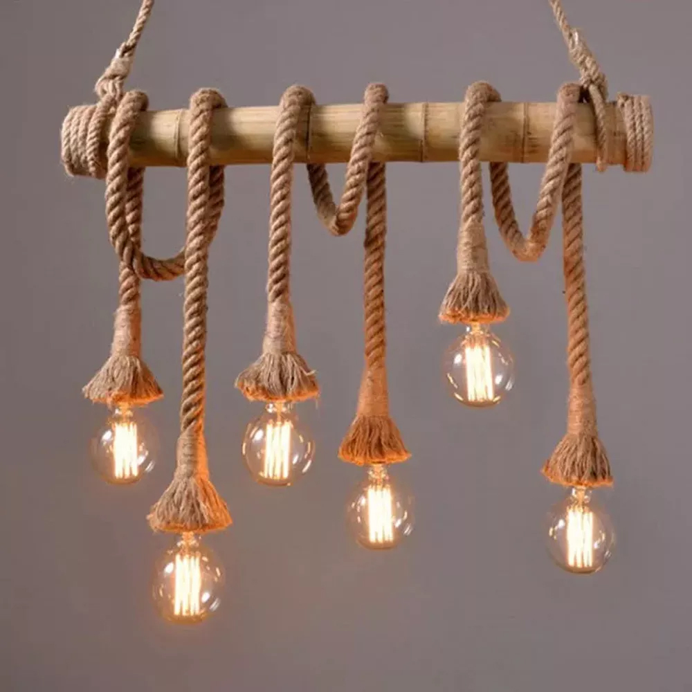 Edison Retro Chandelier Vintage Bamboo Hemp Rope Pendant Lamp