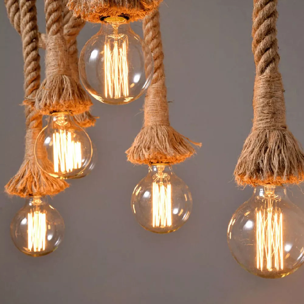 Edison Retro Chandelier Vintage Bamboo Hemp Rope Pendant Lamp