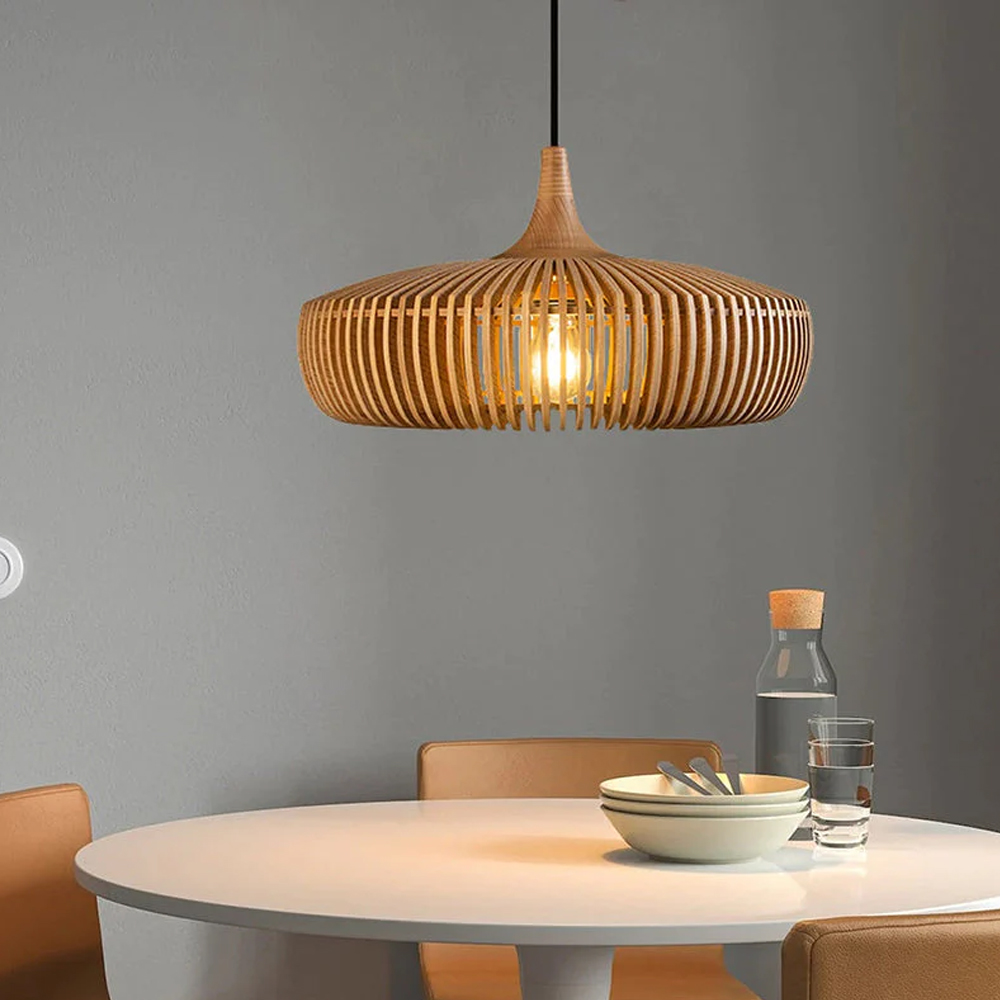 Retro Natural Wood Pendant Light Lampshade For Dining Room