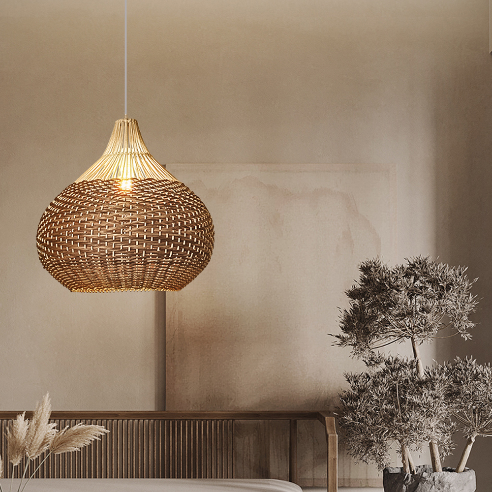 Handmade Rattan Weave Art Chandelier Round Pendant Lampshade Japanese Wabi-Sabi Chandelier